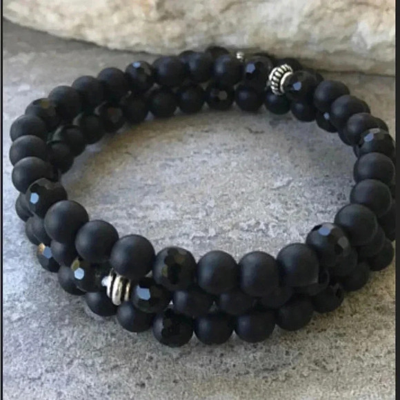 Black Onyx, Mens Bracelet, Womens Bracelet, Stretch Bracelet - Picture 2 of 2